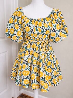 &Merci Floral Bubble Sleeve Mini Dress L Cottagecore Preppy Off Shoulder Flowy